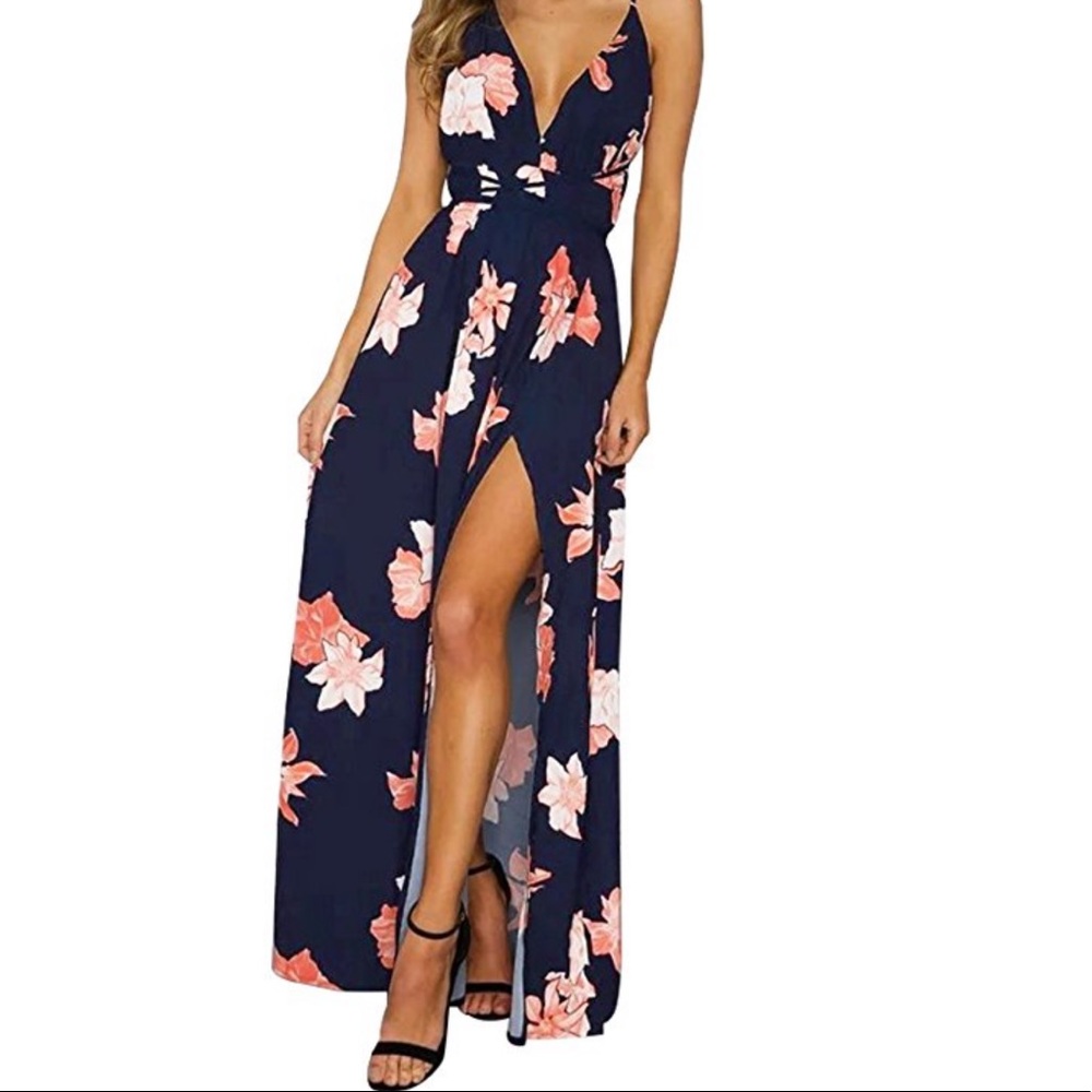 Deep V Neck Backless Floral Split Maxi Party Dress